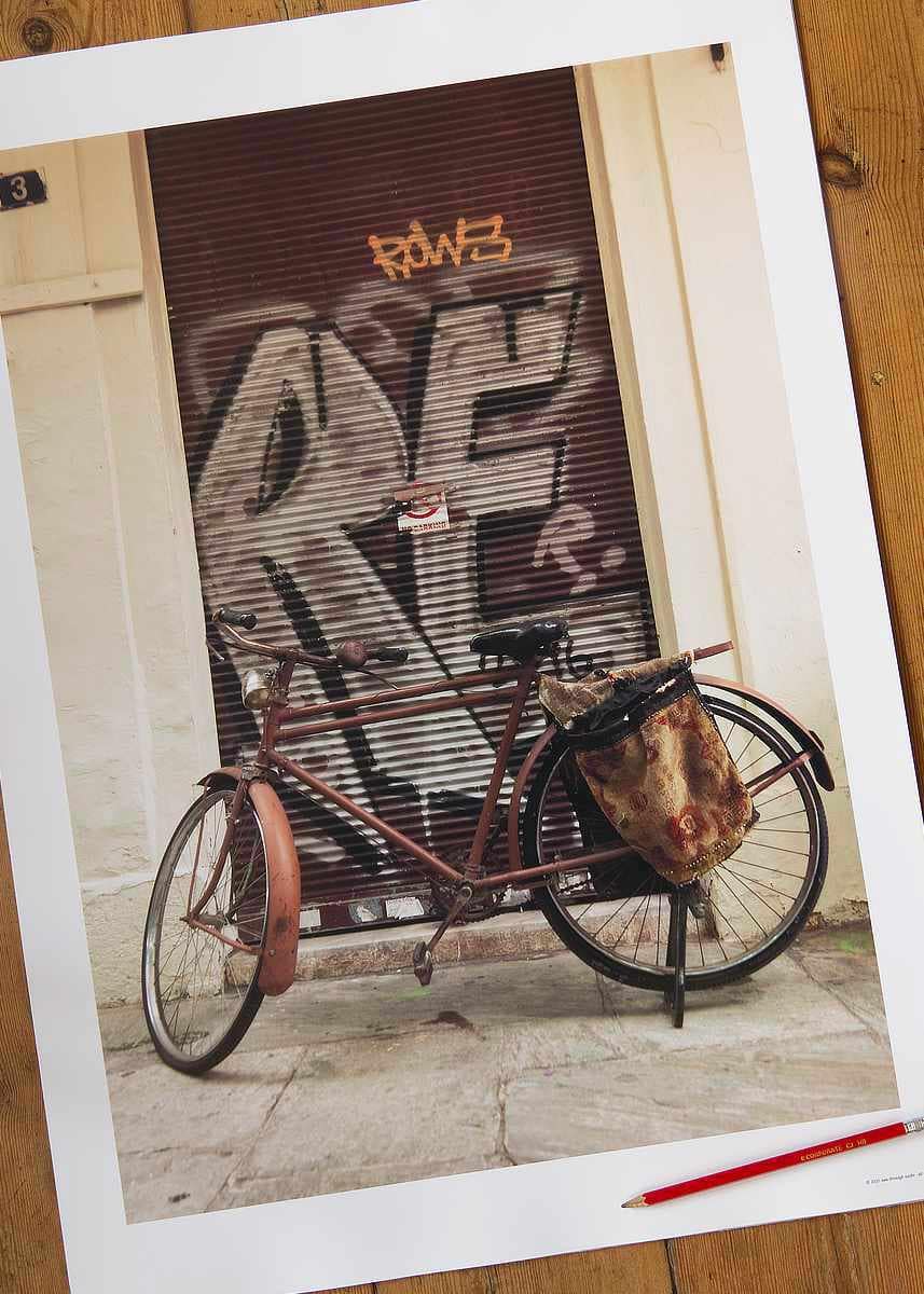 Poster Print of Abacus Magis Season - Vintage vibe meets modern street asthetic with rusty old bike and graffiti art.