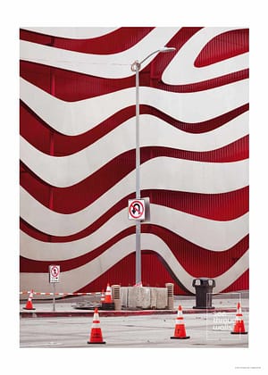 Red and White Patterned LA Building and street furniture