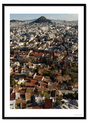 Artist-led photography framed print of Athens urban architecture in soft January morning light, featuring a cacophony of traditional pantile roofs and concrete structures on 250gsm heavyweight silken-touch media.