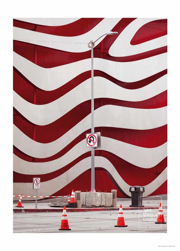 Red and White Patterned LA Building and street furniture