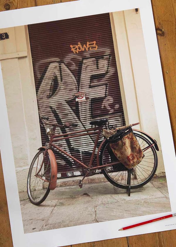 Poster Print of Abacus Magis Season - Vintage vibe meets modern street asthetic with rusty old bike and graffiti art.