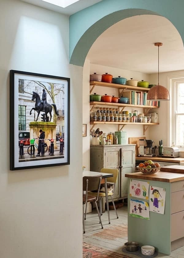 Kitchen setting with London street photography print showing man scrolling phone below King George equestrian statue, surrounded by hire bikes on Pall Mall.