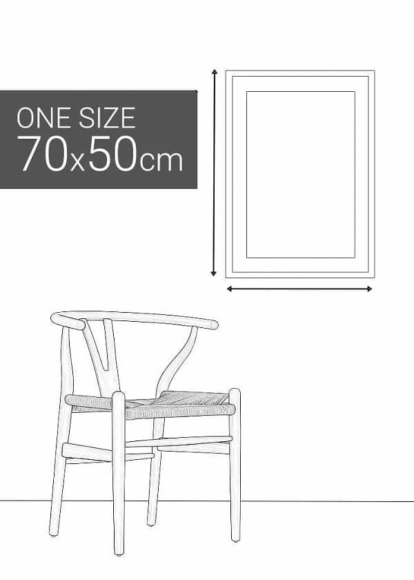A visual characterization of the print dimensions 70 x 50cm in re;lation to a standard sized dining chair.