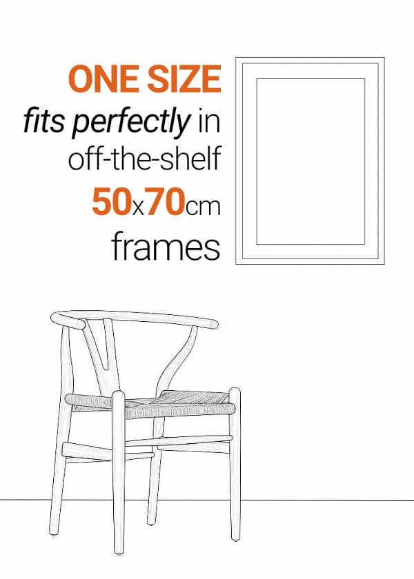 Comparing our prints to the classic CH24 'Wishbone' chair designed by Hans J. Wegner for Danish company, Carl Hansen & Søn in 1949 which stands at 70cm from the floor to the ends of the iconic curved back rest. The prints are 50cm wide by 70cm high and fit into off-the-shelf standard frames such as the also danish designed FISKBO picture frame from IKEA.