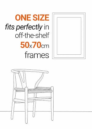 Comparing our prints to the classic CH24 'Wishbone' chair designed by Hans J. Wegner for Danish company, Carl Hansen & Søn in 1949 which stands at 70cm from the floor to the ends of the iconic curved back rest. The prints are 50cm wide by 70cm high and fit into off-the-shelf standard frames such as the also danish designed FISKBO picture frame from IKEA.