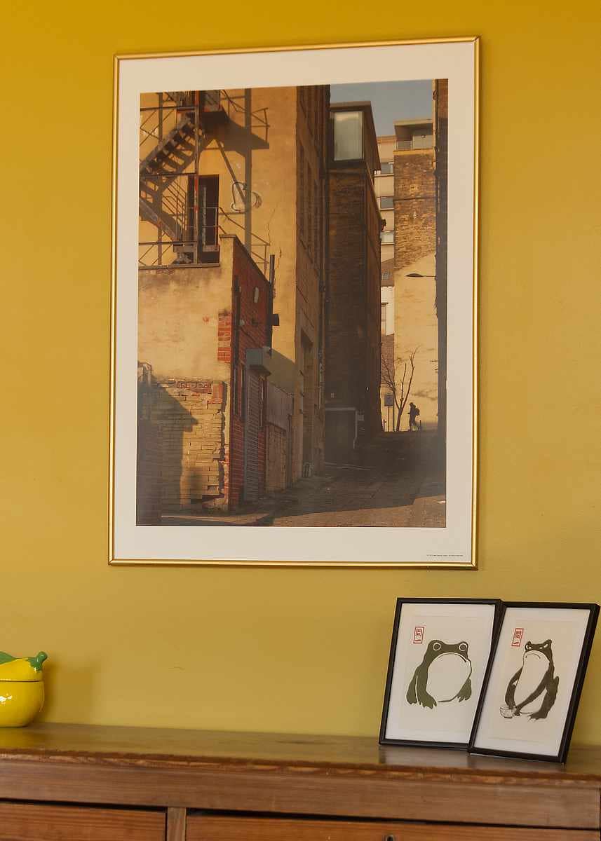 Recall design fees - a See Through Walls photographic art print hung in wall situation with gold coloured frame on safron yellow Neptune Pain painted wall